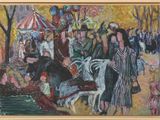 un tableau représentant des personnes et des animaux dans un parc