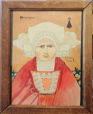 un vieux tableau représentant une femme en robe rouge coiffée d'un bonnet blanc