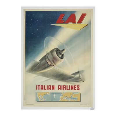 une vieille affiche représentant un avion survolant une ville
