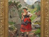 une peinture à l'huile représentant une femme en robe rouge tenant un bâton