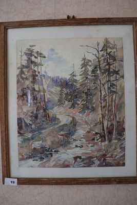 aquarelle encadrée représentant un ruisseau de montagne dans une zone boisée