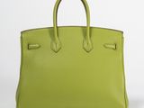 a green leather handbag on a white background