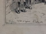 a drawing of a man and a woman standing next to a cow