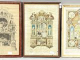 three framed drawings of a church and a clock on a wall
