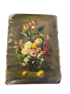 peinture représentant un vase de fleurs posé sur une table, sur fond blanc