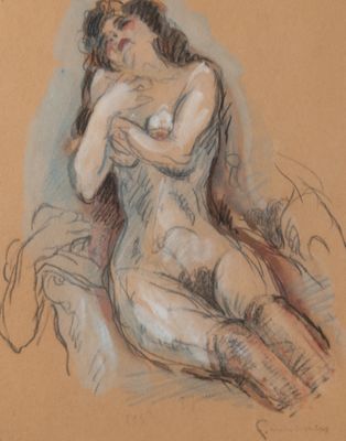 dessin représentant une femme nue assise sur un lit, le bras autour de sa poitrine