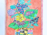 dessin représentant un tableau d'une plante en pot avec des fleurs et des papillons