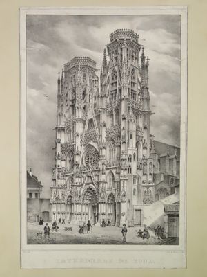 an old black and white drawing of a cathedral with a clock tower