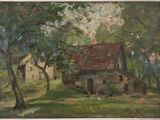 une peinture à l'huile représentant une maison dans un champ avec des arbres en arrière-plan