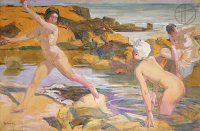 a painting of three nudes playing in the water