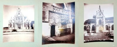 three pictures of a building on the wall of a building