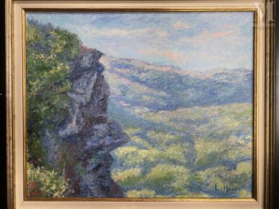 une peinture à l'huile représentant un paysage de montagne avec une falaise au premier plan