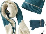 a knitted hat, scarf, mittens, and glove set