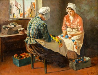 tableau représentant deux femmes assises à une table devant un miroir