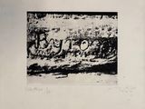 an image of a black and white photograph of a wall with graffiti