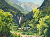 tableau représentant une vallée avec une cascade au loin et une maison au premier plan