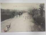 a picture of a postcard with a picture of people and dogs on a dirt road