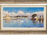 a painting of a harbor scene with boats in the water