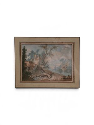 peinture représentant un paysage avec un château au loin
