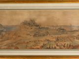 an old painting of a city with a castle in the background