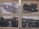 several old black and white photos of a group of people in a field