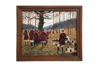 une image représentant un tableau où l'on voit un groupe de personnes et de chiens dans un champ