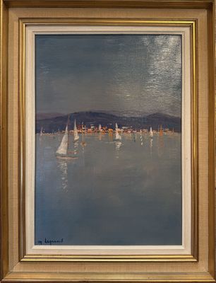 an oil painting of sailboats in the water with a city in the background