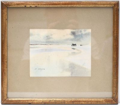 an image of a watercolor painting of horses in a snowy landscape