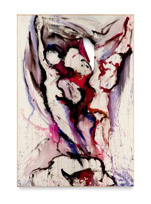 an abstract painting of a woman ' s torso with red and purple paint on it