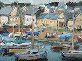 peinture de bateaux dans un port avec des maisons en arrière-plan