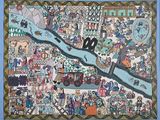 une image représentant un tableau d'une ville avec des personnages et une rivière