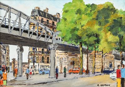 a watercolor painting of people walking on the sidewalk