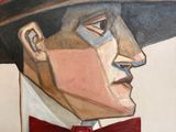 painting of a man with a hat and bow tie wearing a suit and tie