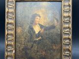 an old painting of a woman holding a bird in a gold frame
