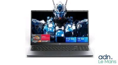 l'ordinateur portable est ouvert sur une surface blanche, avec un logo à l'écran