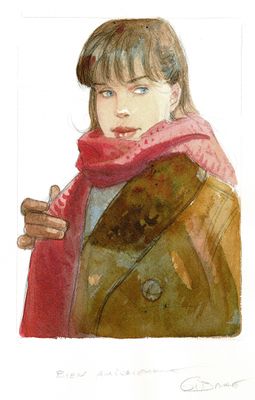tableau représentant une femme vêtue d'un manteau marron et d'une écharpe rose