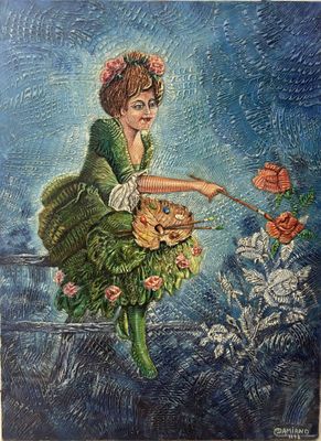 painting of a woman in a green dress holding a basket of flowers