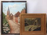 une peinture représentant une rue de village avec une église au loin et une peinture représentant une église au loin