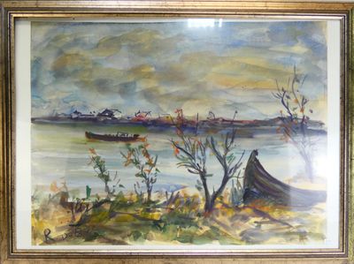 tableau représentant un bateau sur l'eau, avec une ville en arrière-plan