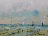 painting of a beach scene with sailboats and people on the sand