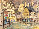 painting of a painting of a city street with buildings and people