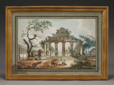 an old painting of a landscape with a man and a dog in the foreground