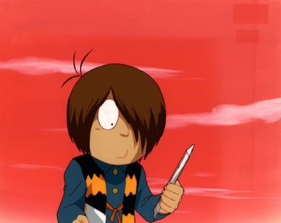 a cartoon of a boy holding a knife and a knife in his hand
