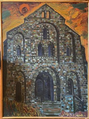 an oil painting of a church in a frame on a table
