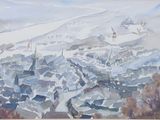 a picture of a painting of a city in the snow