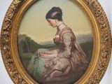 painting of a woman in a dress sitting on a rock