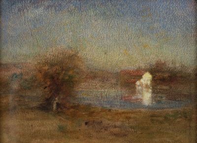 painting of a painting of a person standing in a field near a body of water