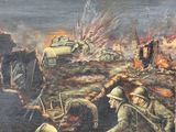 a picture of a painting of a war scene on the wall