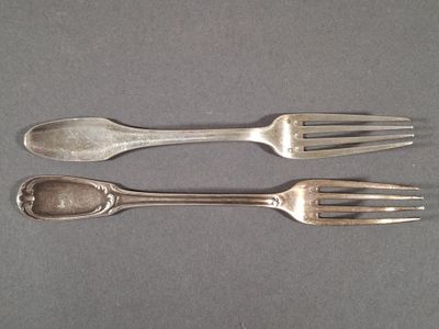 two forks and a spoon on a table with a gray background