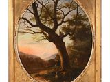 un tableau représentant un arbre dans un champ, avec un coucher de soleil en arrière-plan